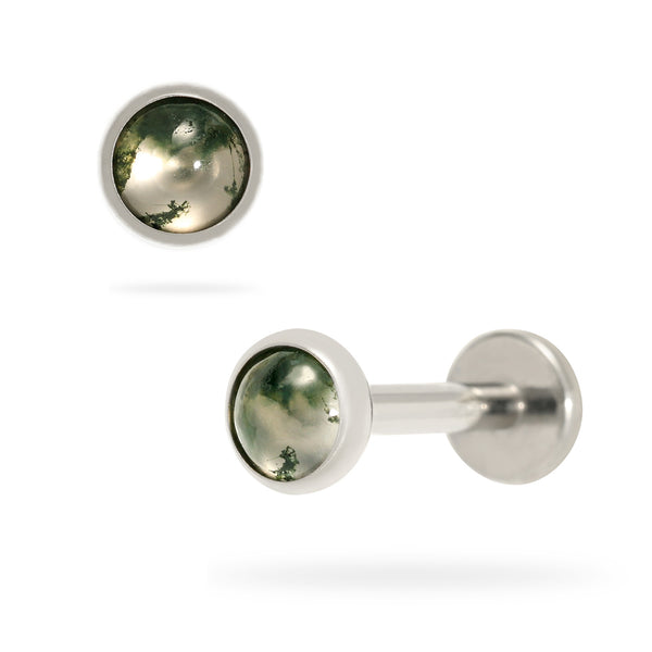 Titanium Internally Threaded Round Bezel Set Moss Agate Flatback Stud