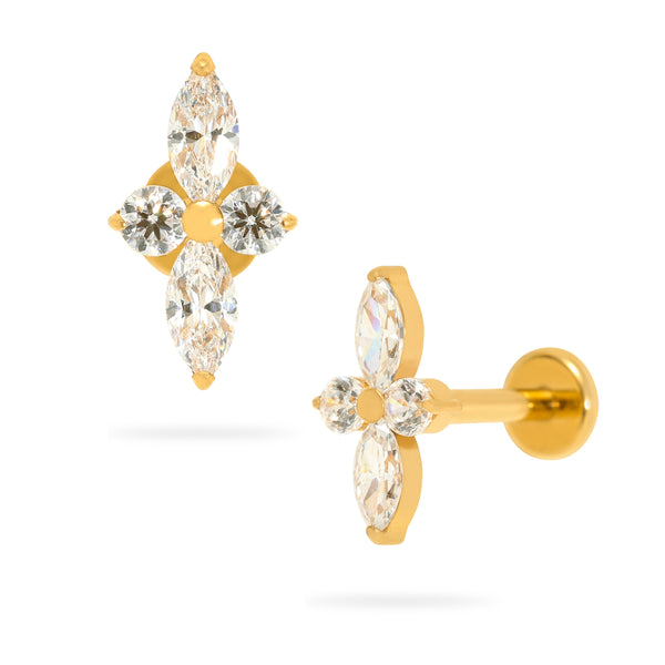 Titanium Internally Threaded Round Marquise-Shaped Claw Set With Four-Leaf Clover Flatback Stud