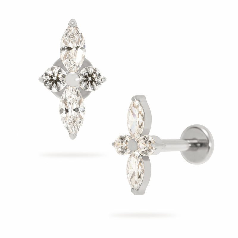 Titanium Internally Threaded Round Marquise-Shaped Claw Set With Four-Leaf Clover Flatback Stud