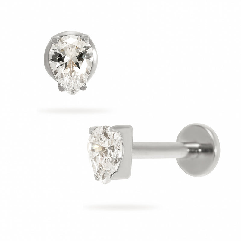 Titanium Internally Threaded Pear-Shaped Claw-Set Zircon Flatback Stud